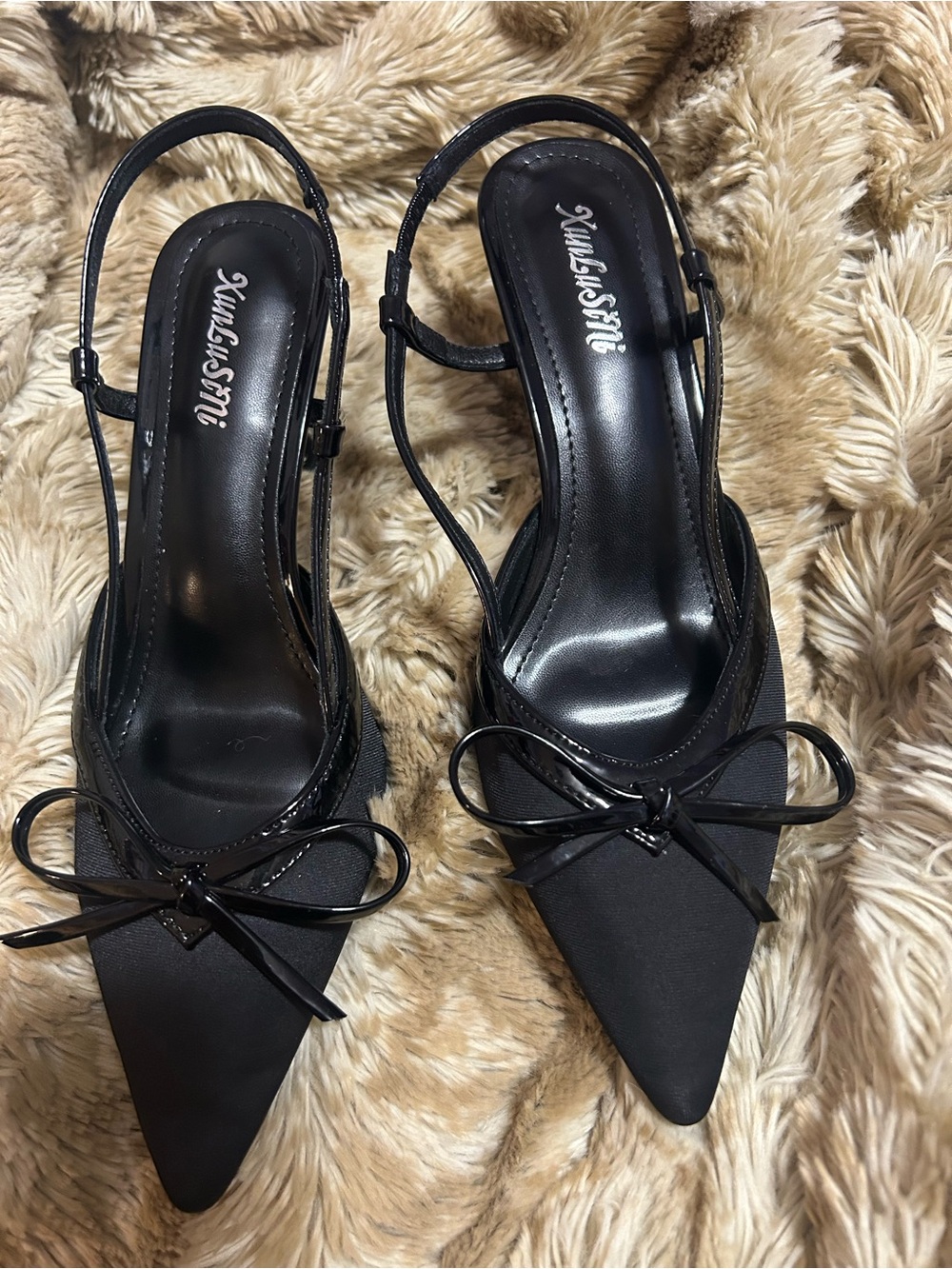 Black Slingback Pointed-Toe Heels with Bow